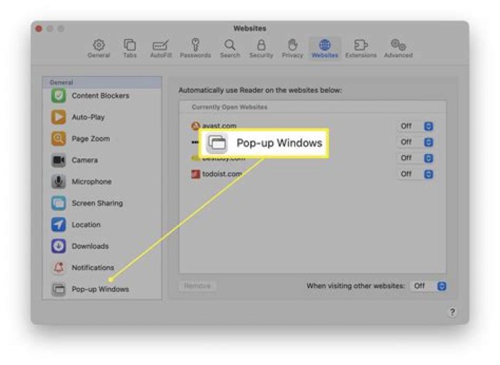 How do you turn off pop ups on a Mac?