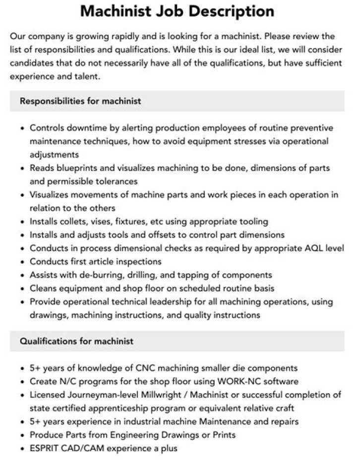 What is a machinist job description?